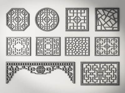 Pane Hollow Window Wood Carved Flower Window Square Lattice Flower Window Antique Window Round Window 3d model