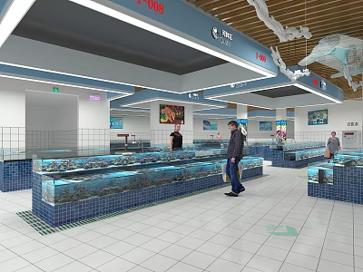 Fresh Seafood Shop In Mall With Glass Display Tanks And Customers 3d model