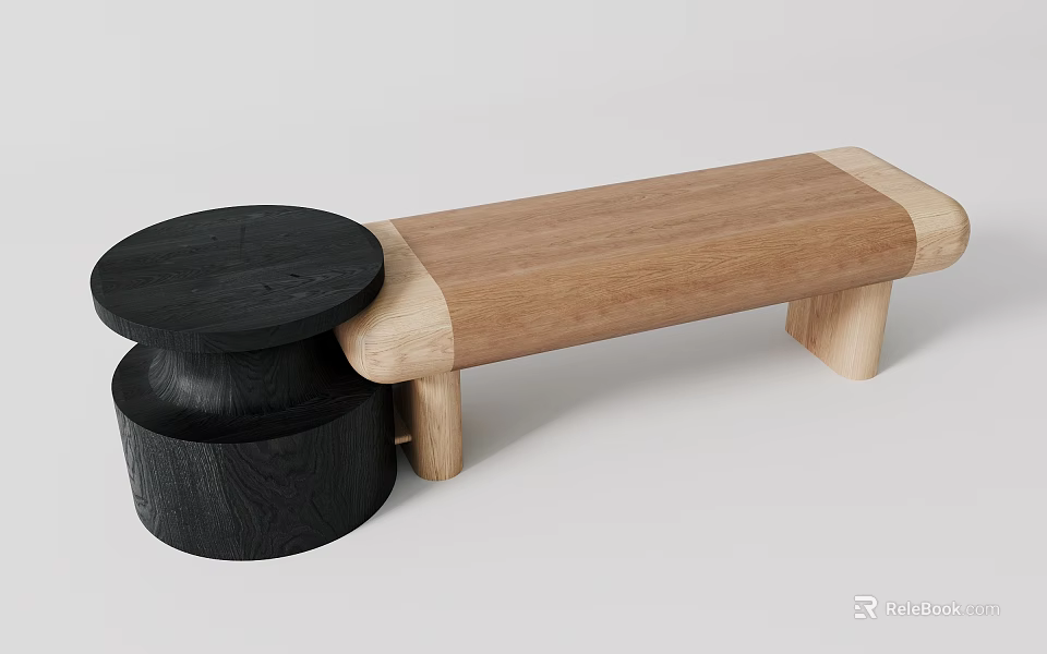 Modern Wooden Sofa Bench With Natural Wood Surface And Black Accent Base 3d model 