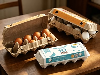 Open Egg Cartons With Brown And White Eggs On Wooden Table 3d model