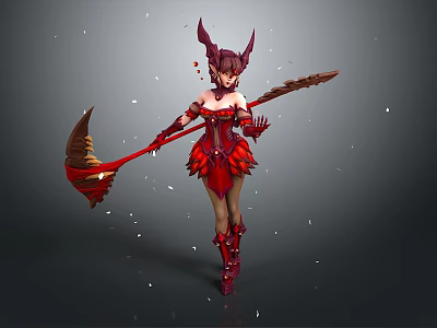 Elaborate Red Outfit Female Game Movie Character With Demon Horns And Staff Weapon 3d model