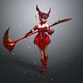 Elaborate Red Outfit Female Game Movie Character With Demon Horns And Staff Weapon
