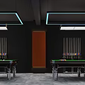 Modern Billiard Room With Multiple Pool Tables Black Walls Blue Ceiling Strips And Decorative Art 3d model