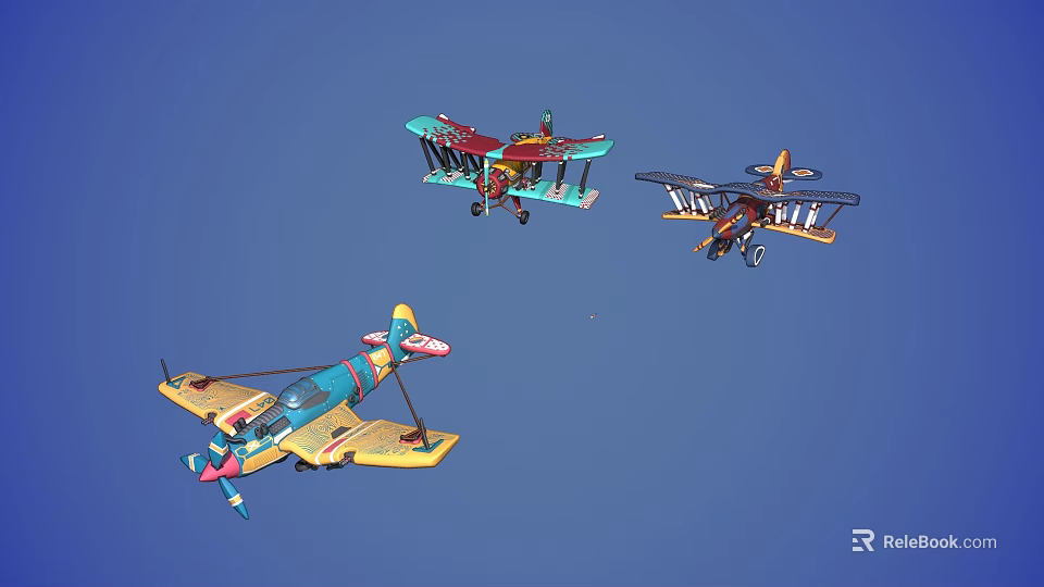 Three Colorful Vintage Biplane Fighter Planes Flying Together in Blue Sky 3d model 