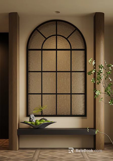 Serene Restaurant Arched Window Design With Black Frame Frosted Glass Grid And Green Plants 3d model 