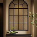 Serene Restaurant Arched Window Design With Black Frame Frosted Glass Grid And Green Plants