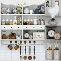 Rustic Kitchen Tableware Set With Vintage Plates Cups Scales And Decorative Storage Shelves 3d model