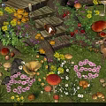 Enchanted Garden Scene with Various Mushrooms Colorful Flowers Small Fawn Green Grass and Wooden Steps