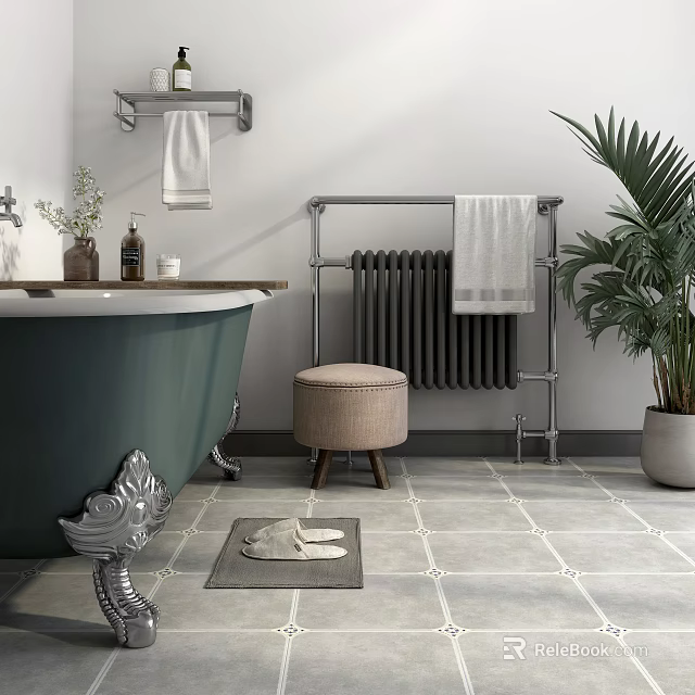 Vintage Green Bathtub With Silver Claw Feet Radiator Wooden Stool And Potted Plant In Bathroom 3d model 