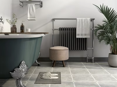 Vintage Green Bathtub With Silver Claw Feet Radiator Wooden Stool And Potted Plant In Bathroom 3d model