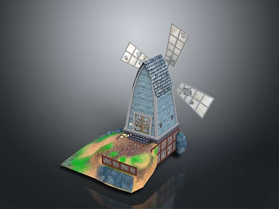 Miniature Windmill Model Scene With Wooden Tower Body Windmill Blades And Base Green Grass Area 3d model