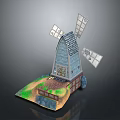 Miniature Windmill Model Scene With Wooden Tower Body Windmill Blades And Base Green Grass Area
