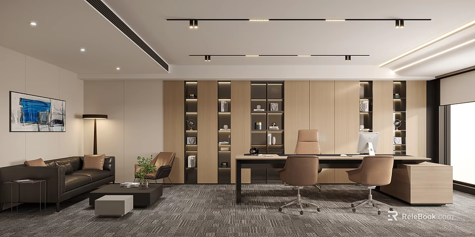 Modern Office Interior With Wooden Bookshelves Desk Chairs And Soft Carpet 3d model