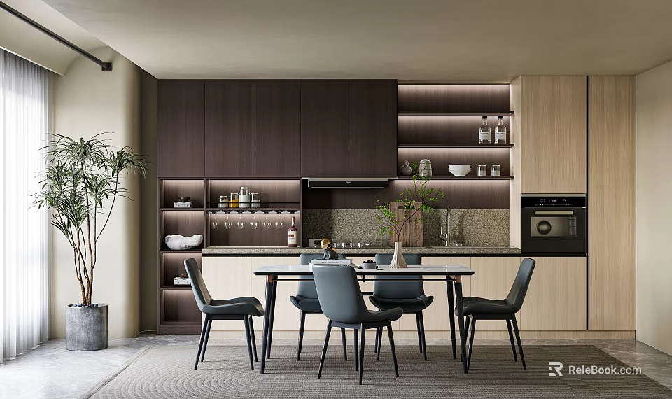 Modern Restaurant Interior Design With Wooden Cabinets Dining Table Gray Chairs Open Shelves And Plant 3d model 