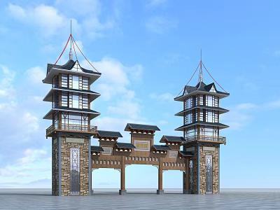 Traditional Chinese Entrance Gate with Twin Towers Traditional Roofs and Stone Pillars 3d model