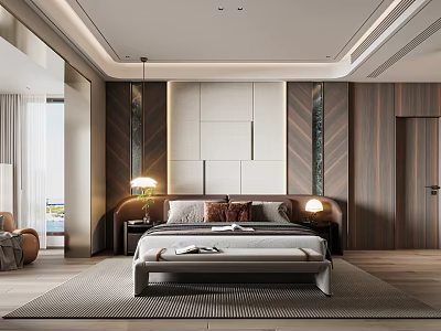 Modern Bedroom Interior Design With King Bed Paneled Wall Nightstands And Area Rug 3d model