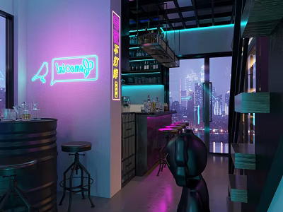 Modern KTV Lounge with Neon Sign Bar Counter and City Night View 3d model
