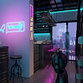 Modern KTV Lounge with Neon Sign Bar Counter and City Night View