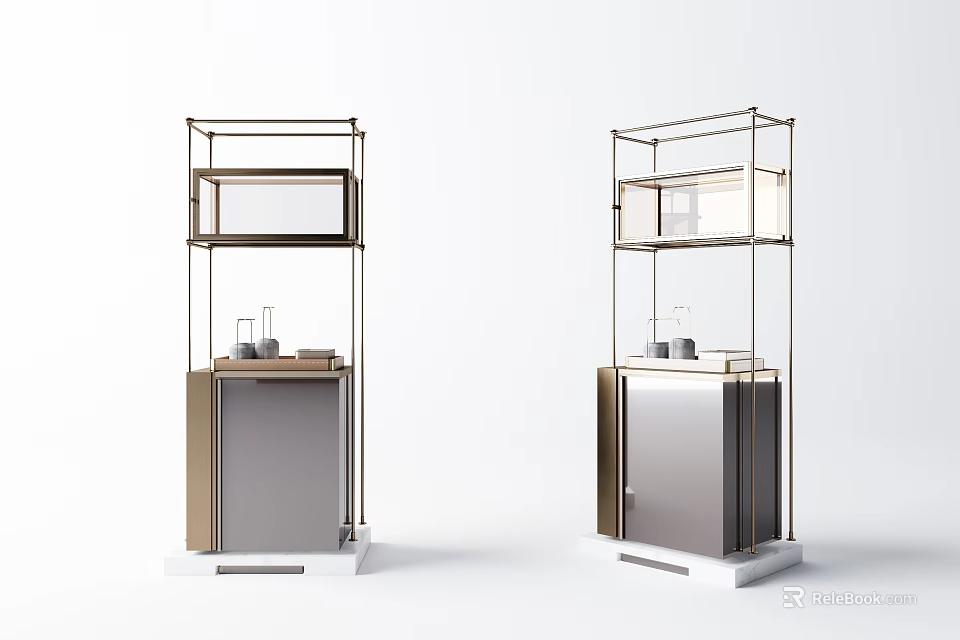 Modern Minimalist Shelving Units With Metal Frame Glass Shelves And Wooden Cabinet Base 3d model 