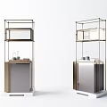 Modern Minimalist Shelving Units With Metal Frame Glass Shelves And Wooden Cabinet Base