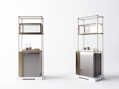Modern Minimalist Shelving Units With Metal Frame Glass Shelves And Wooden Cabinet Base 3d model