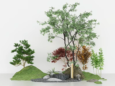 Lush Indoor Landscape Featuring Pine Trees Red Maple Bamboo Stone Rockery and Stream 3d model