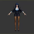 3D Character Model With Blue Long Hair Black Blazer Skirt Brown Stockings And High Heels