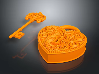 Orange Heart Shaped Box With Intricate Scrolls And Decorative Key 3d model