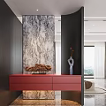 Elegant Modern Entryway Hallway Design With Red Drawer Cabinet Marble Panel And Decorative Ornament