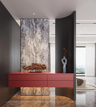 Elegant Modern Entryway Hallway Design With Red Drawer Cabinet Marble Panel And Decorative Ornament 3d model