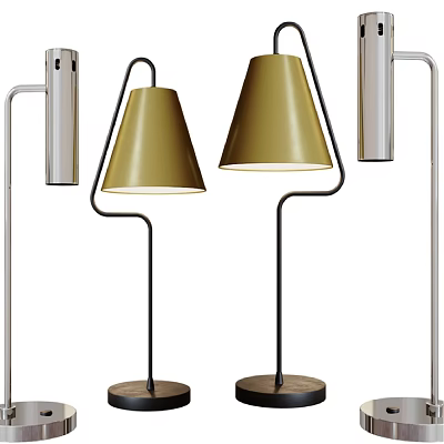Modern Table Lamps With Gold Colored Shades Black Metal Frames And Round Bases 3d model