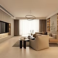 Modern Living Dining Room Interior With Chandelier TV Wall Sofa And Coffee Table