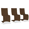 Three Modern Wooden Dining Chairs with Curved Backrest and Seat Design in Dark Brown Texture