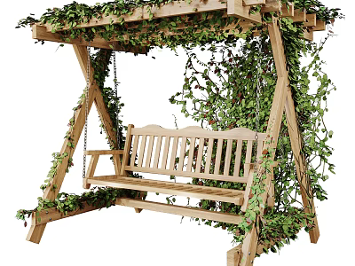Outdoor Wooden Swing Chair With Green Vines And Natural Frame Structure 3d model