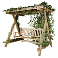 Outdoor Wooden Swing Chair With Green Vines And Natural Frame Structure