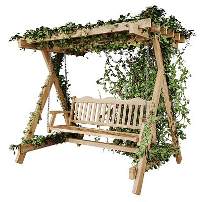 Outdoor Wooden Swing Chair With Green Vines And Natural Frame Structure 3d model