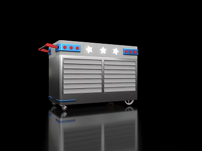 Stainless Steel Commercial Kitchen Mobile Cart with Drawers Red Handles Blue Buttons and White Stars 3d model