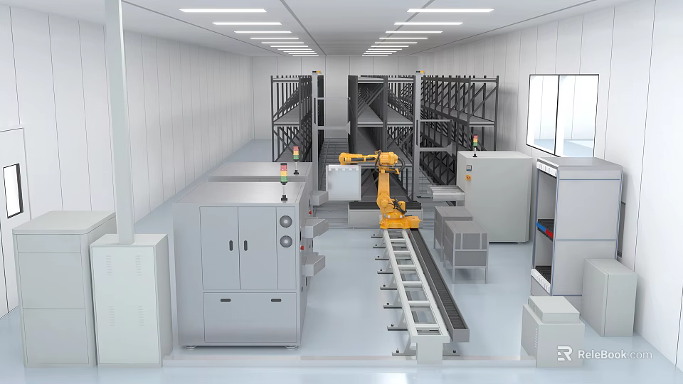 Modern Industrial Equipment with Robotic Arm Conveyor System Storage Racks and Control Cabinets in Factory 3d model 
