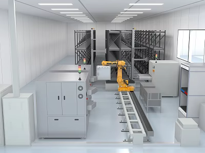 Modern Industrial Equipment with Robotic Arm Conveyor System Storage Racks and Control Cabinets in Factory 3d model