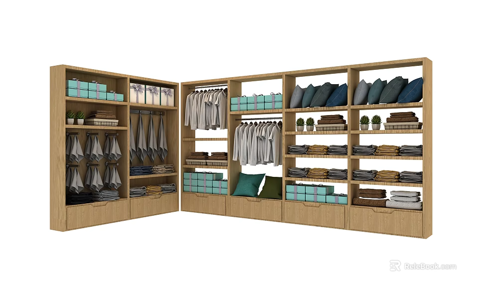 Wooden Display Shelves for Clothing Store with Hanging Shirts Folded Towels and Storage Boxes 3d model 