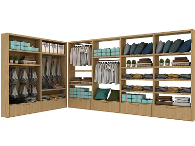 Wooden Display Shelves for Clothing Store with Hanging Shirts Folded Towels and Storage Boxes 3d model