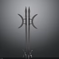 Metal Long Handle Weapon With Crescent Blades Spikes And Symmetrical Design