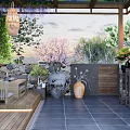 Courtyard Garden Entrance Design With Stone Wall Green Plants Wooden Door And Hanging Lantern
