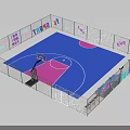 Colorful Text Transparent Fenced Basketball Court With Blue Pink Floor Hoop And Benches