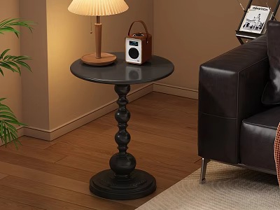 Round Side Table with Table Lamp and Radio in Living Room near Black Leather Sofa 3d model