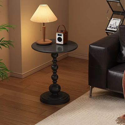 Round Side Table with Table Lamp and Radio in Living Room near Black Leather Sofa 3d model
