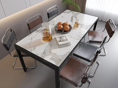 Modern Dining Table Set with Marble Top Leather Seats Metal Frame and Fruit 3d model