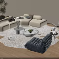 Irregular Shaped Cream Sofa In Modern Living Room With Marble Coffee Table And Green Plant
