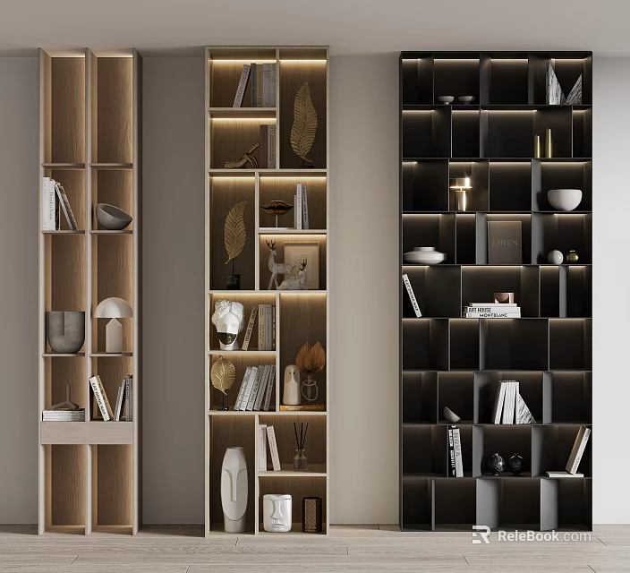 Modern Bookcases With Light And Dark Designs Illuminated Shelves Decorative Items And Storage 3d model 
