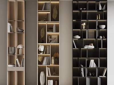 Modern Bookcases With Light And Dark Designs Illuminated Shelves Decorative Items And Storage 3d model